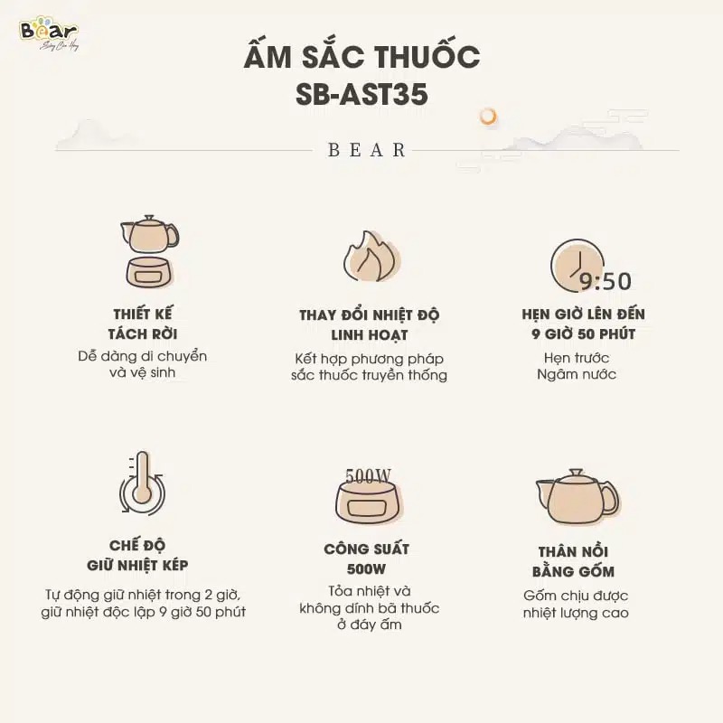 Ấm sắc thuốc Bear SB-AST35