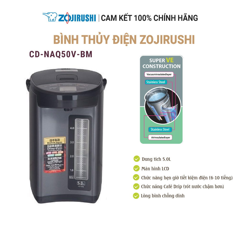 Bình thủy điện Zojirushi CD-NAQ50V-BM 5L
