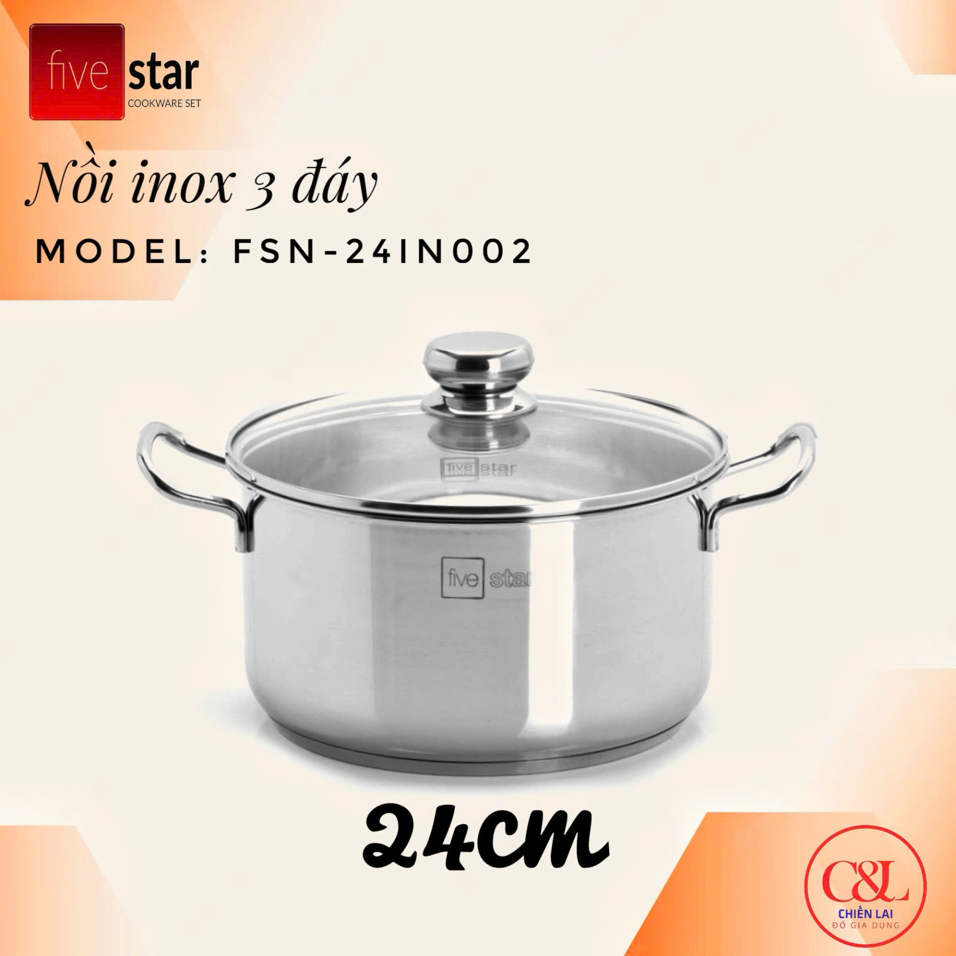 Nồi inox Fivestar đáy sandwich inox 430 đun từ size Fsn16/18/20/24 nắp kính
