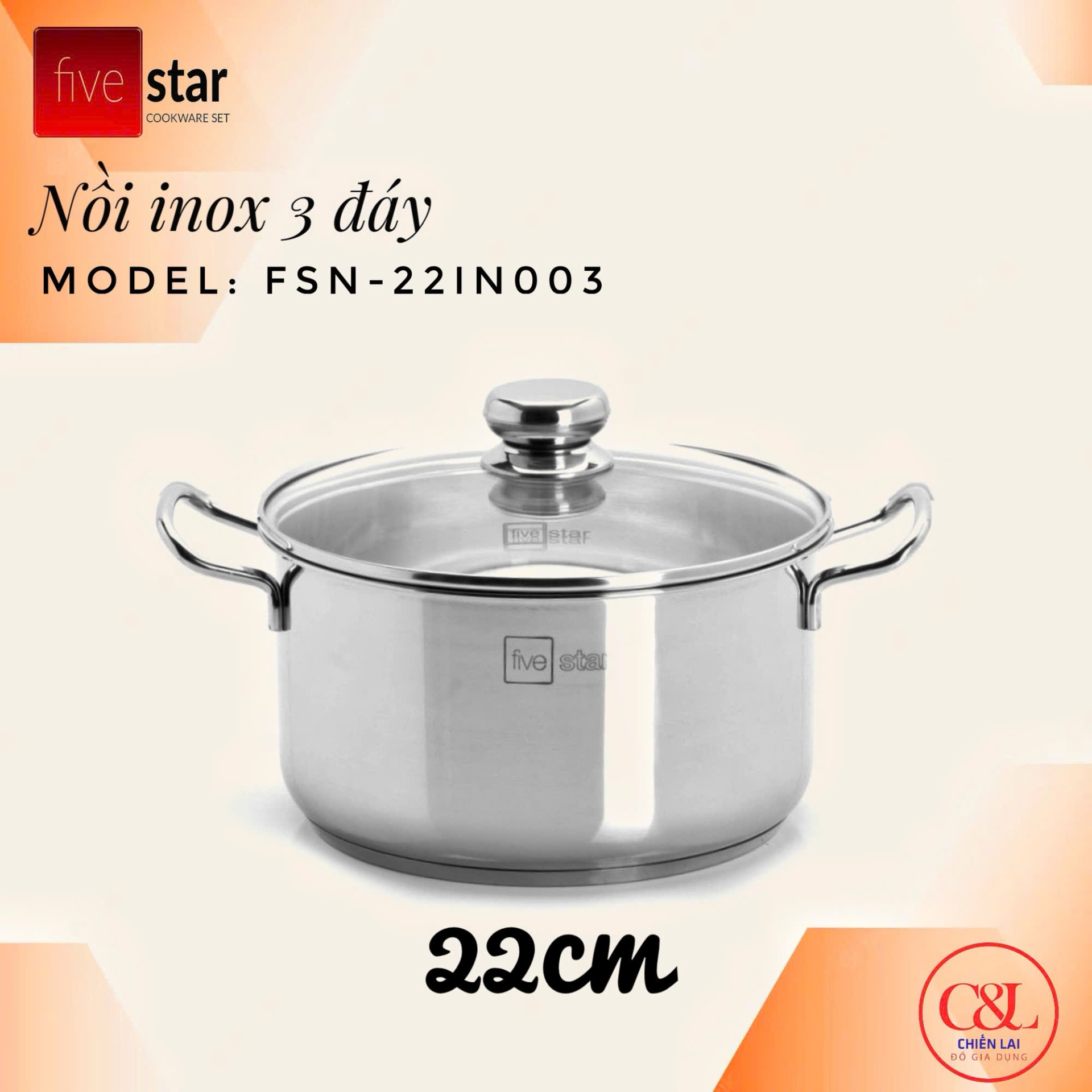 Nồi inox Fivestar đáy sandwich inox 430 đun từ size Fsn16/18/20/24 nắp kính
