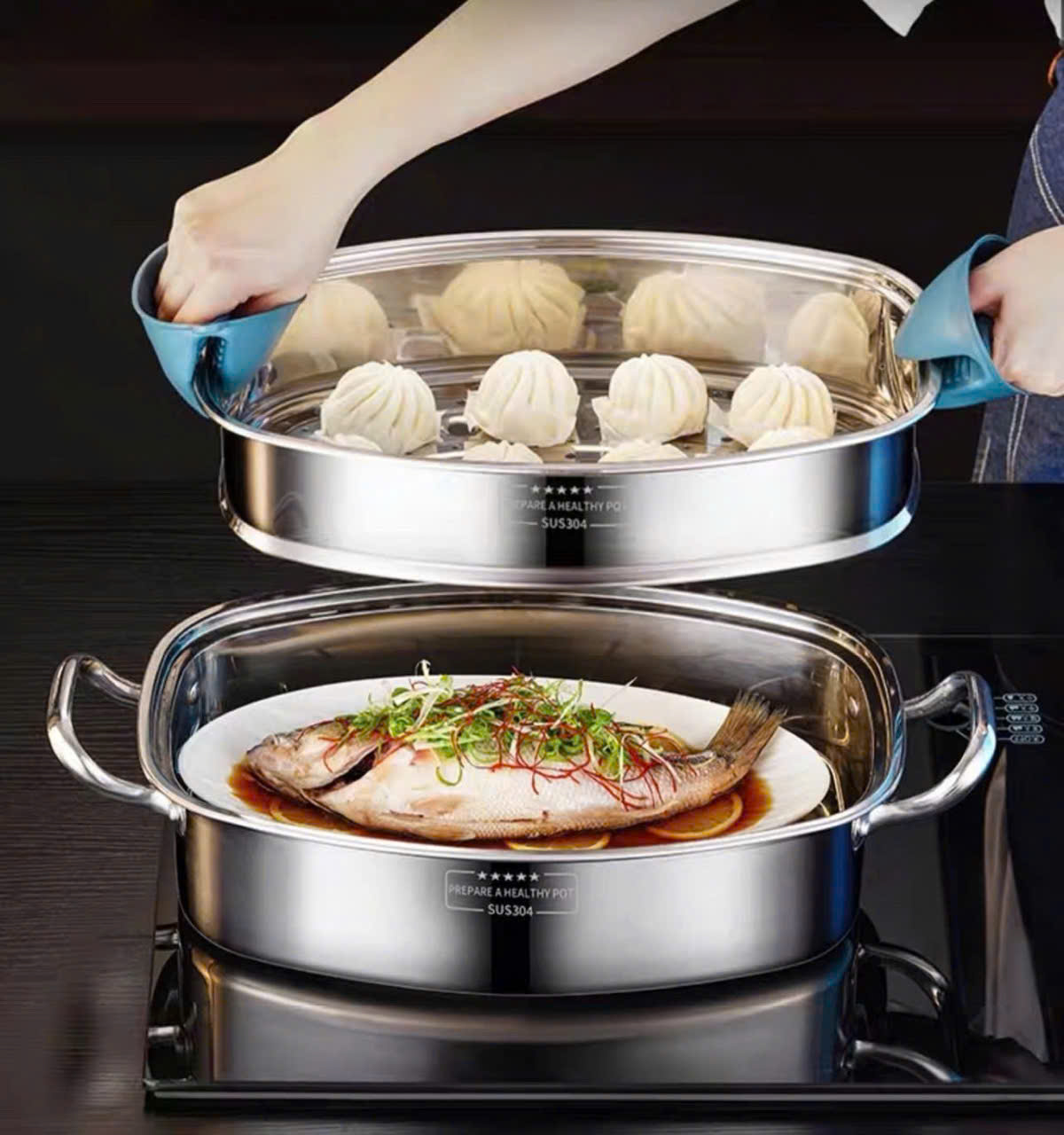 NỒI HẤP CÁ 2 TẦNG INOX 304 RK718