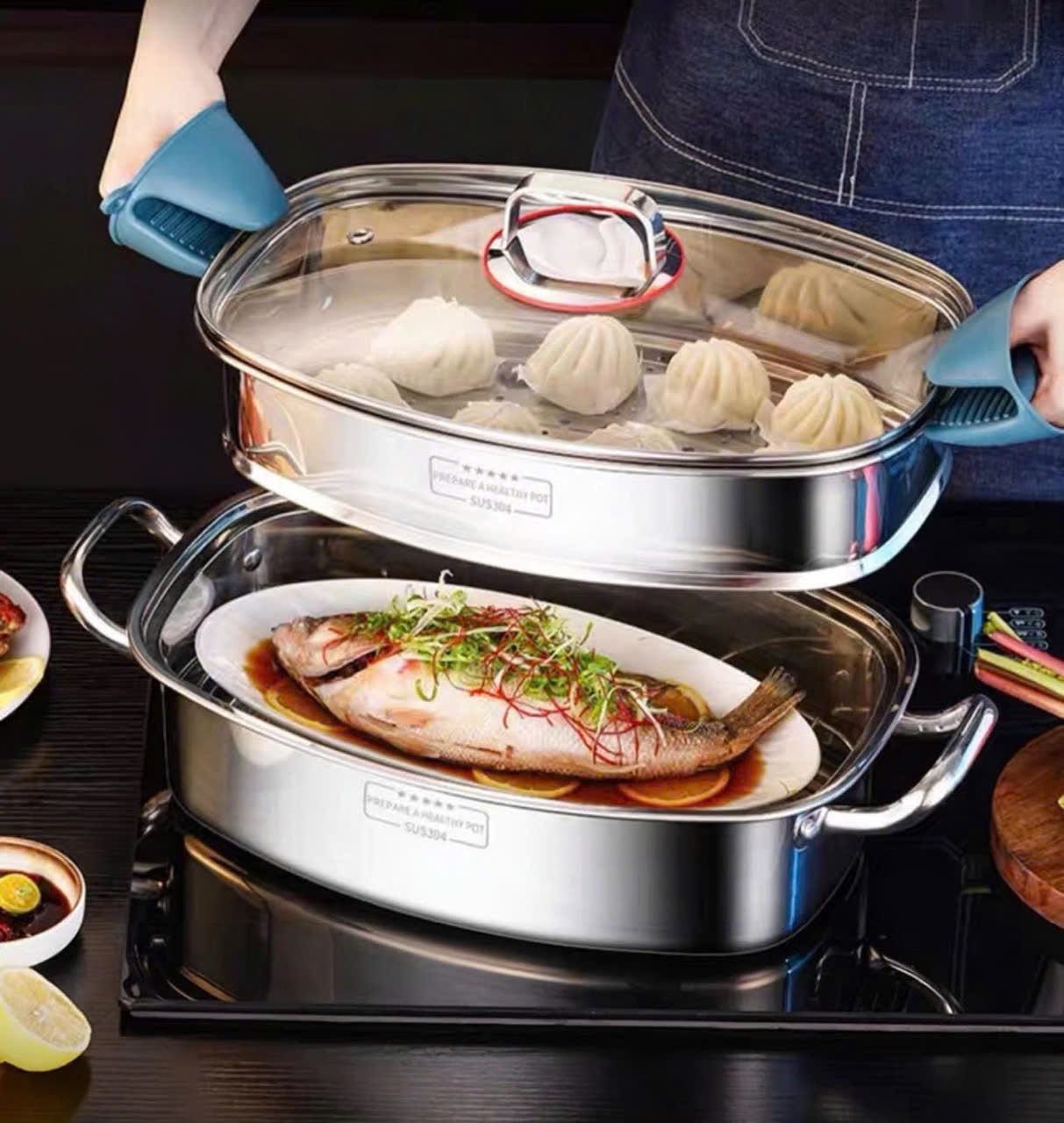 NỒI HẤP CÁ 2 TẦNG INOX 304 RK718