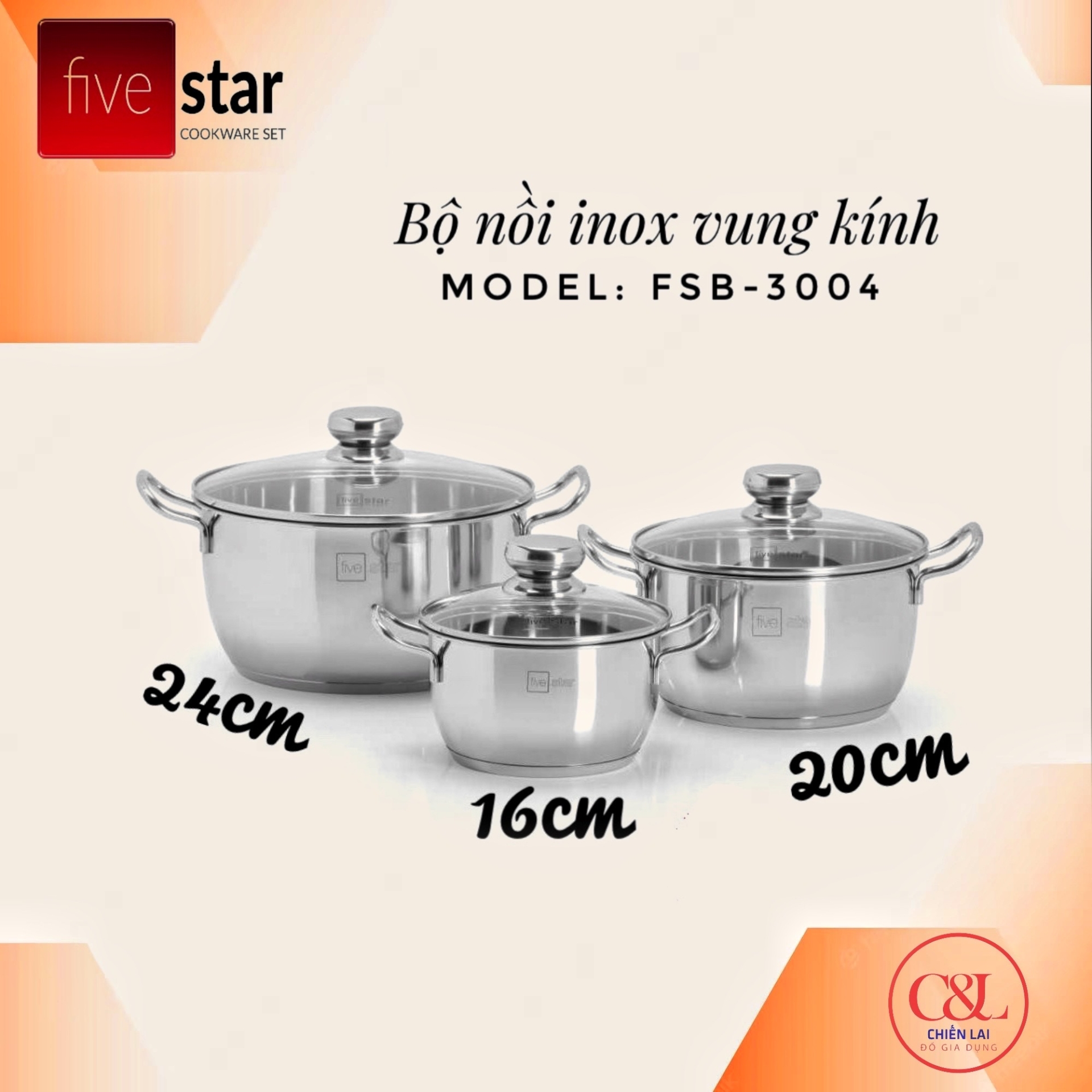 Bộ nồi Five star 3 vung kính FSB-3004
