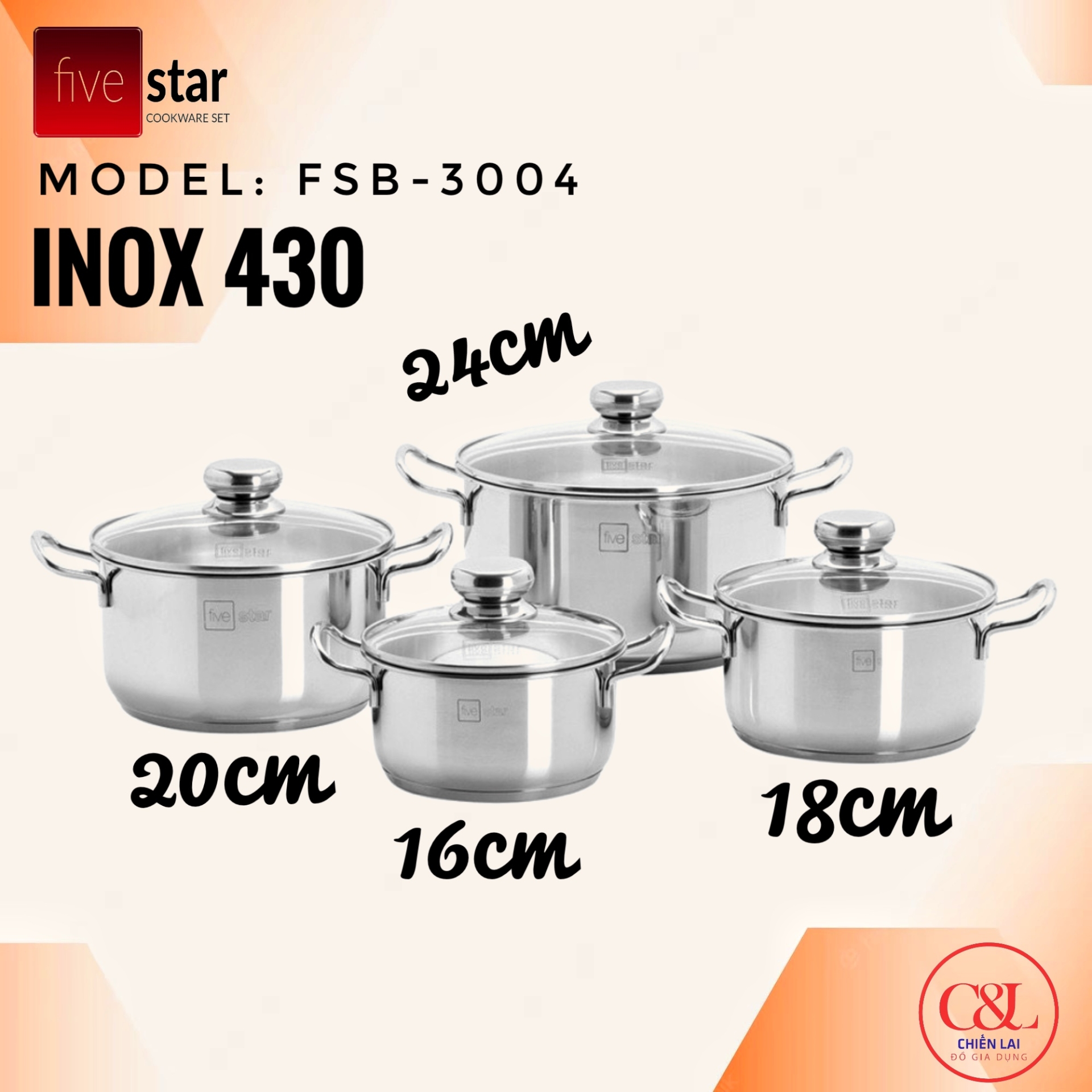 BỘ NỒI FIVESTARS 4 MÓN VUNG KÍNH - BỘ NỒI FS08CG
