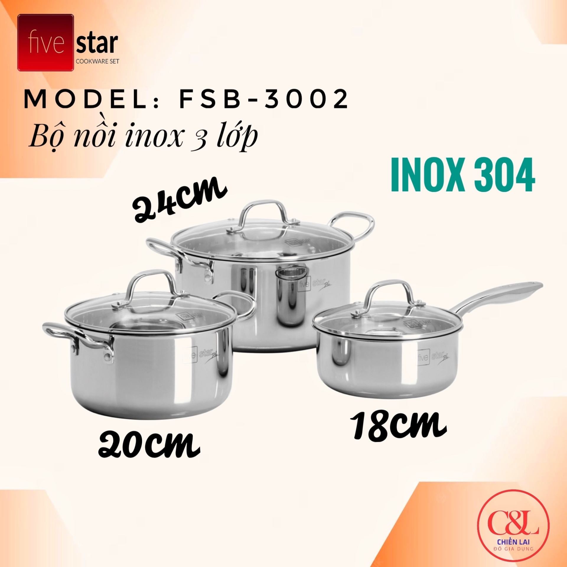 Bộ nồi inox 304 FIVESTAR 3 lớp FPB3002