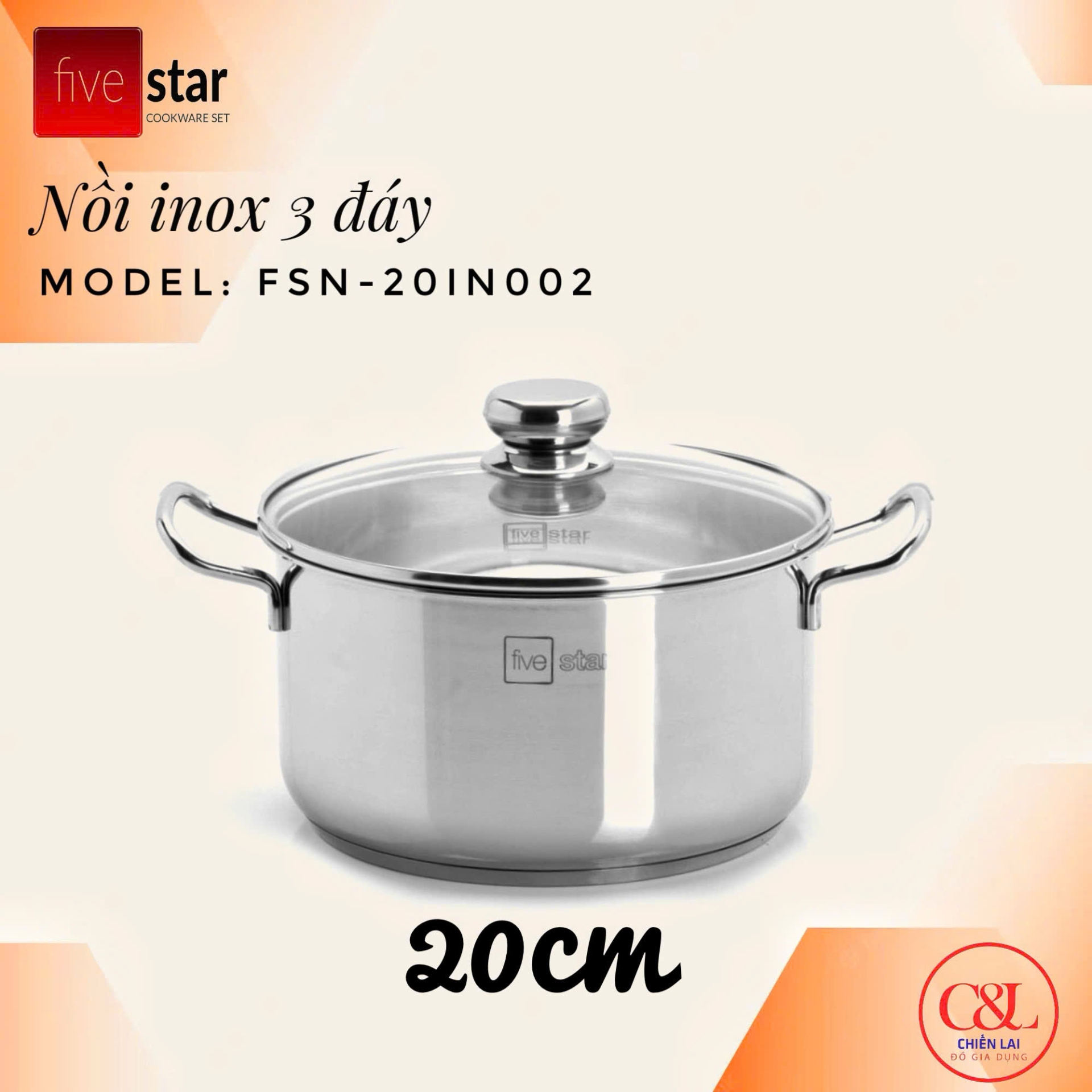 Nồi inox Fivestar đáy sandwich inox 430 đun từ size Fsn16/18/20/24 nắp kính