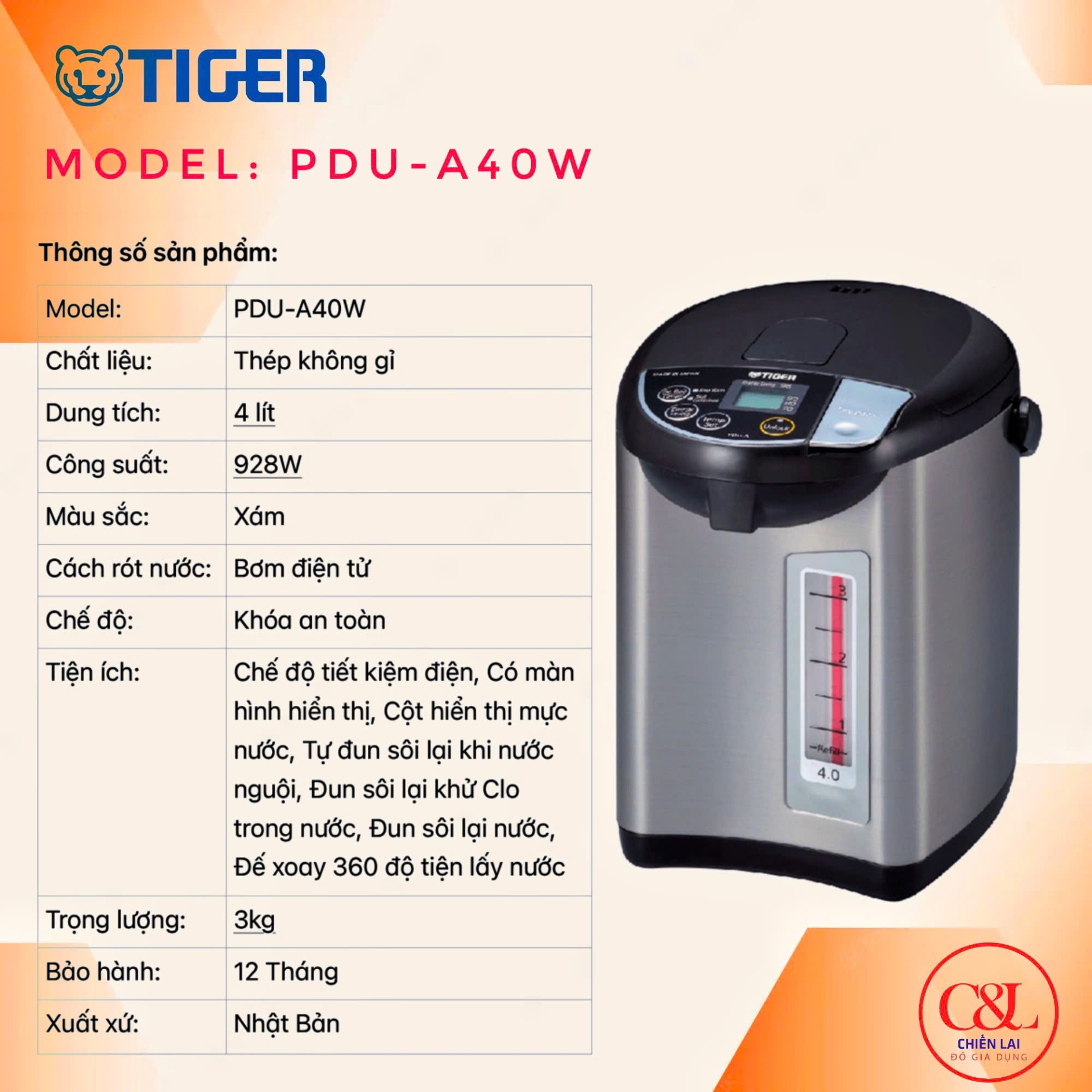 Bình thủy điện tử Nhật TIGER PDU-A40W