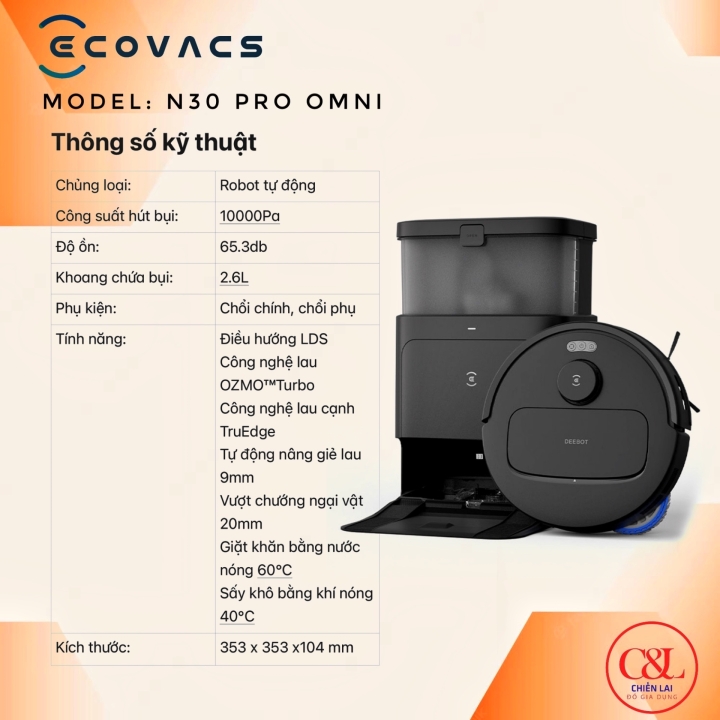 Robot hút bụi Ecovacs Deebot N30 Pro Omni 2025